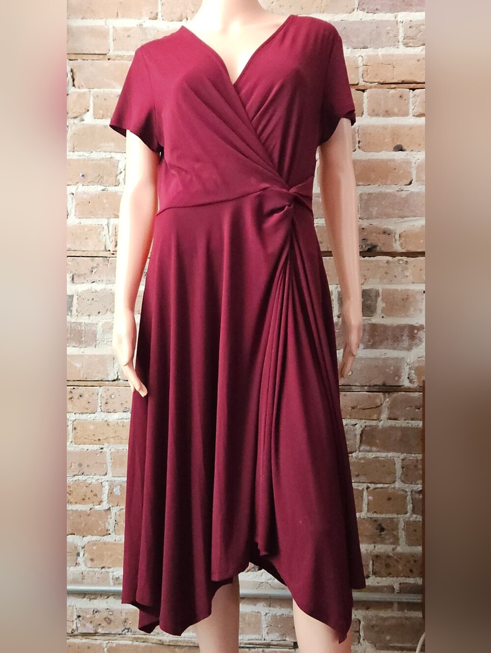 Perceptions Wine-Red Midi Wrap Dress with Side Knot Size Large
